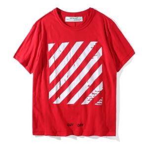 18春夏OFF-WHITEオフホワイト コピーTシャツ半袖メンズクルーネックコットン斜めストライププリント白黒レッド切り替えデザインレディース男性用服