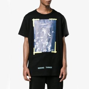 人気! OFF-WHITEオフホワイトDIAG CARAVAGGIO半袖高品質コットンOMAA014F171850151001クルーネック春夏プリントTシャツOMAA002F170010150110白黒